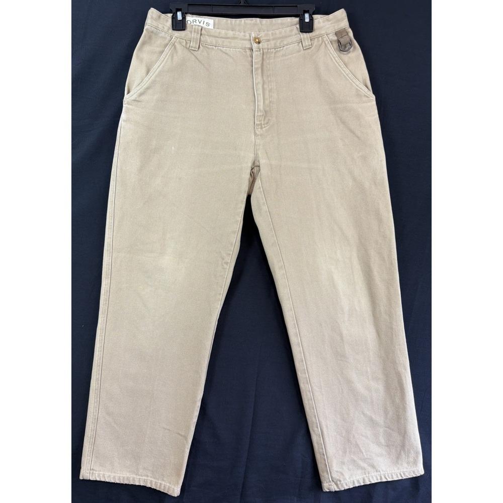 ORVIS Mens 32 X 30 Rhinohide Duck Canvas  Pants Tan Khaki Leather Trim VTG